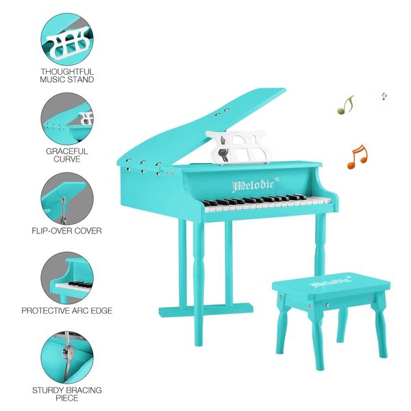 Melodic 30 Keys Classic Kids Piano Wooden Baby Grand Piano with Bench Green