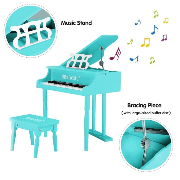 Melodic 30 Keys Classic Kids Piano Wooden Baby Grand Piano with Bench Green