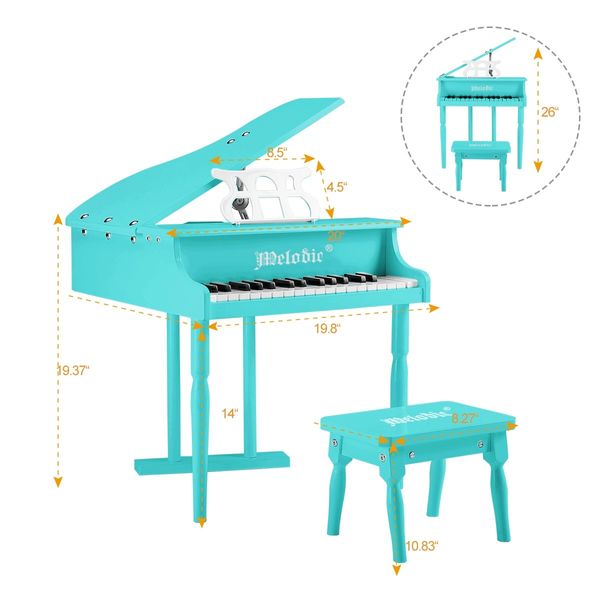 Melodic 30 Keys Classic Kids Piano Wooden Baby Grand Piano with Bench Green