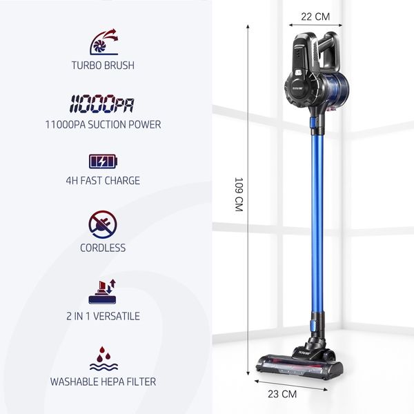 2-in-1 Cordless Vacuum Cleaner Stick Handheld Cleaning 2 Speed HEPA Filter 11kPa Blue 