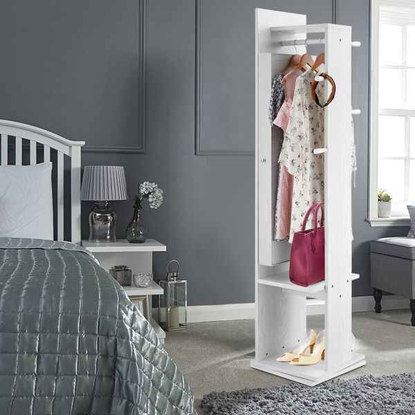 Slim Rotating Mirror Jewellery Storage Cabinet Free Standing Armoire Organizer White