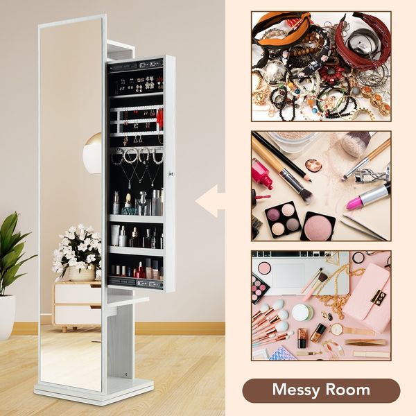 Slim Rotating Mirror Jewellery Storage Cabinet Free Standing Armoire Organizer White