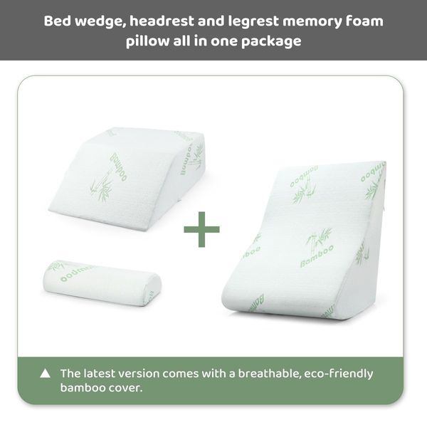 3 Pcs Memory Foam Wedge Pillow Set Bed Pillow Headrest Leg Elevation Bamboo Cover