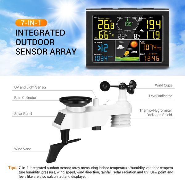 Maxkon Solar Powered Weather Forecast Station WIFI Wireless Rain Gauge Temperature