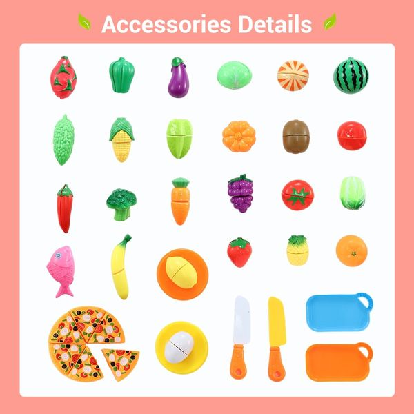 62 Pieces Kitchen Pretend Play Food Set for Kids Cutting Fruits Vegetables Pizza Toys Set