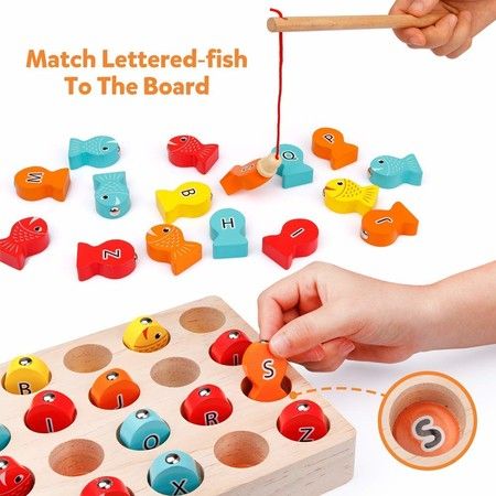 Wooden Magnetic Fishing Game, Fine Motor Skill Toy ABC Alphabet Color Sorting Puzzle