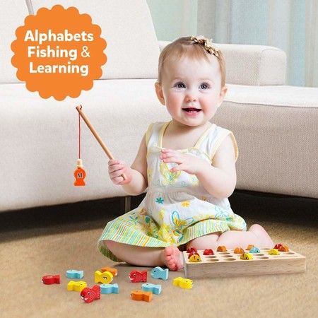 Wooden Magnetic Fishing Game, Fine Motor Skill Toy ABC Alphabet Color Sorting Puzzle