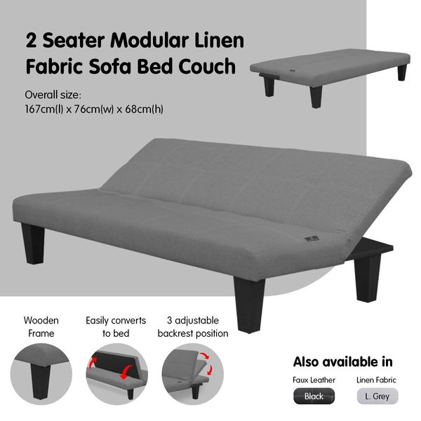 Sarantino 2 Seater Modular Linen Fabric Sofa Bed Couch - Dark Grey