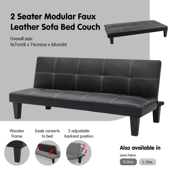 Sarantino 2 Seater Modular Faux Leather Fabric Sofa Bed Couch - Black