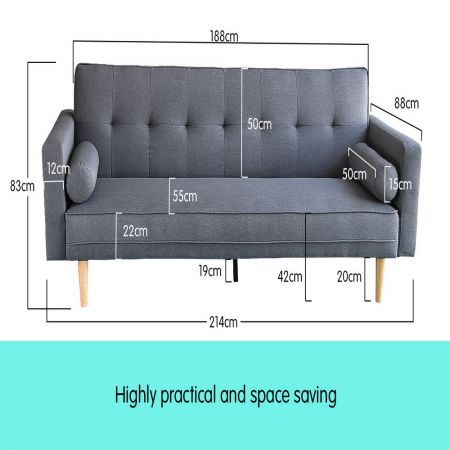 Sarantino 3 Seater Linen Sofa Bed Couch with Pillows - Dark Grey