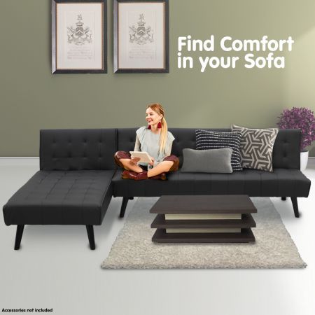 Sarantino 3-Seater Faux Leather Sofa Bed Lounge Chaise Couch - Black