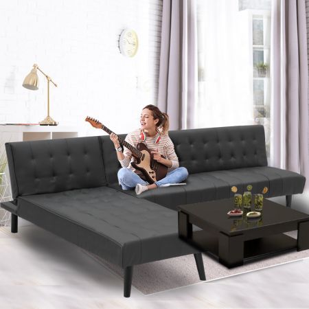 Sarantino 3-Seater Faux Leather Sofa Bed Lounge Chaise Couch - Black