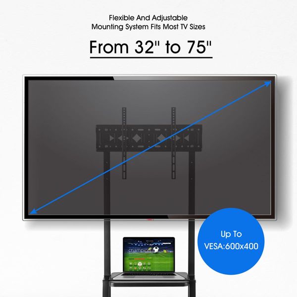 Mobile TV Stand Mount Bracket Trolley 32-75 Inch LED LCD Screen Monitor Television Cart with Media Storage Shelf Wheels Adjustable Freestanding