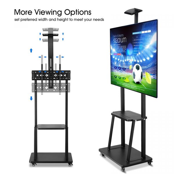 Mobile TV Stand Mount Bracket Trolley 32-75 Inch LED LCD Screen Monitor Television Cart with Media Storage Shelf Wheels Adjustable Freestanding