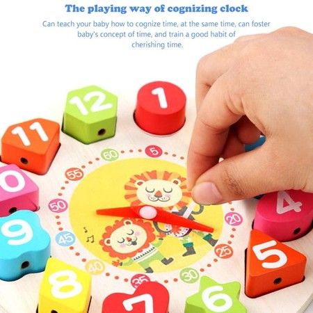 Wooden Shape Sorting Clock Teaching Time Blocks Puzzle Montessori Toys