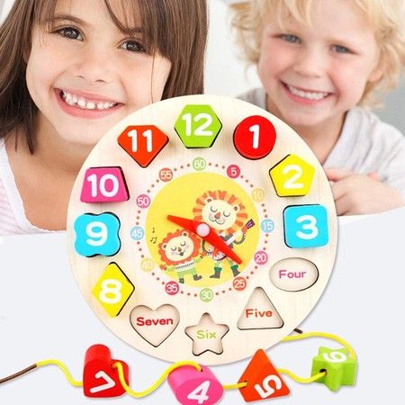 Wooden Shape Sorting Clock Teaching Time Blocks Puzzle Montessori Toys