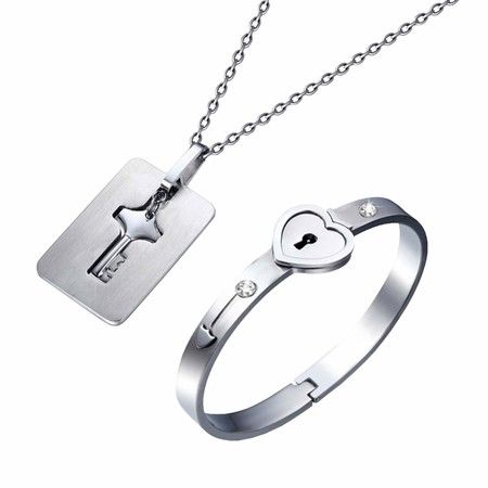 Couple Jewelry Key Necklace and Lock Bracelet, Love Heart Bangle Gift Set Pendant Titanium Alloy Only You Have My Key