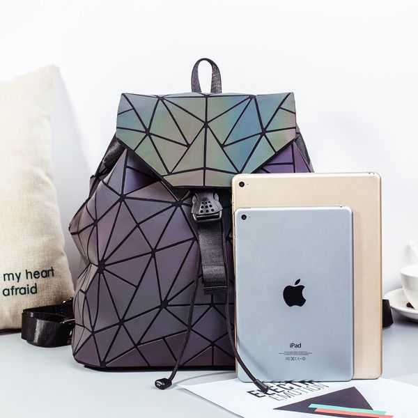 Luxury Geometric Women Backpack Luminous Flash Shoulder Bag Leather Reflective Bag