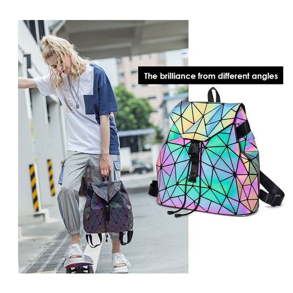 Luxury Geometric Women Backpack Luminous Flash Shoulder Bag Leather Reflective Bag