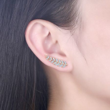 Leaves Simple Sterling Silver Earrings Light Blue/Champagne Gold