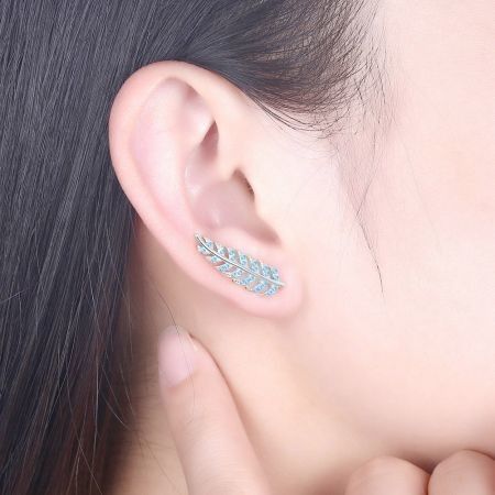 Leaves Simple Sterling Silver Earrings Light Blue/Platinum Plated