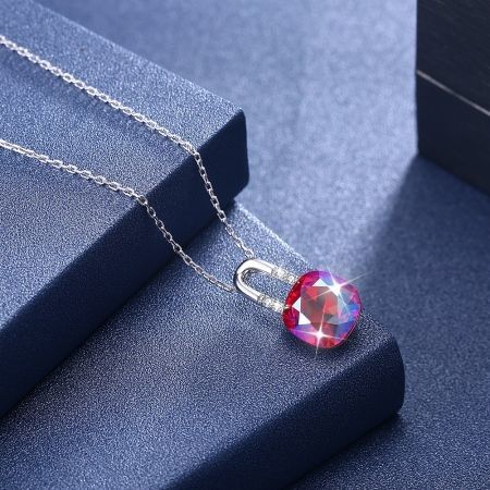 Sterling Silver Lock Crystal Pendant Necklace in Colour/Platinum Plated