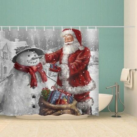 Christmas Santa Claus and Snowman Print Waterproof Bathroom Shower Curtain