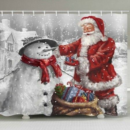 Christmas Santa Claus and Snowman Print Waterproof Bathroom Shower Curtain