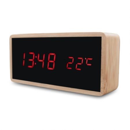 Bamboo Wooden Alarm Clock LED Display with Mirror Temperature Digital Watch