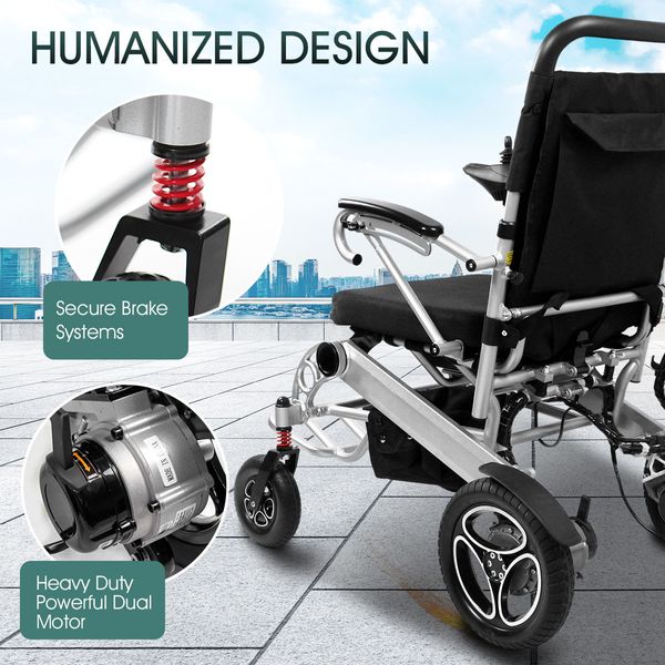 Lightweight Folding Electric Wheelchair Mobility Chair w/ Brushless Motors Dual Battery