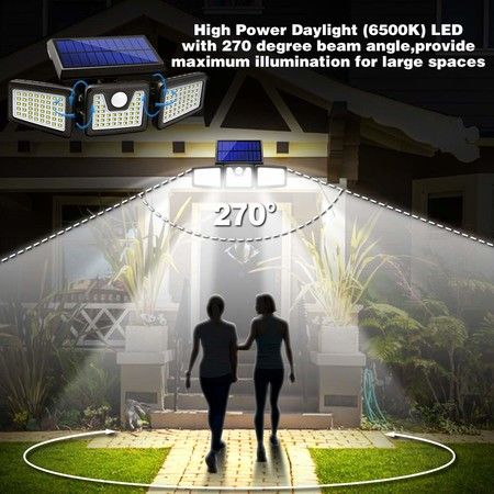 Solar Motion Sensor Lights Outdoor 3 Adjustable Heads, 270 Wide Angle Illumination, IP65 Waterproof, Security LED Flood Light