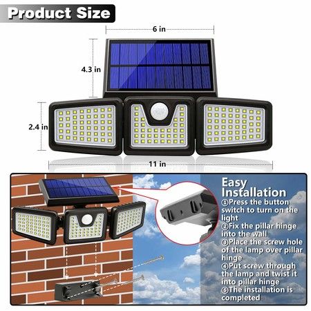 Solar Motion Sensor Lights Outdoor 3 Adjustable Heads, 270 Wide Angle Illumination, IP65 Waterproof, Security LED Flood Light