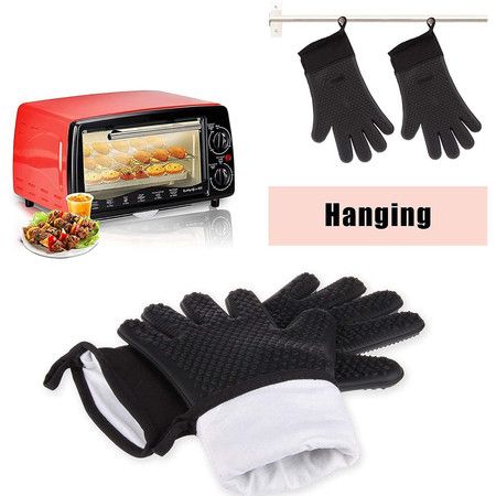 Grilling Gloves, Heat Resistant Gloves BBQ Kitchen Silicone Oven Mitts (Black)