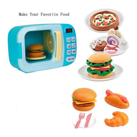 Pretend Microwave Kitchen Play Set with Light Sound for Kids (Blue)