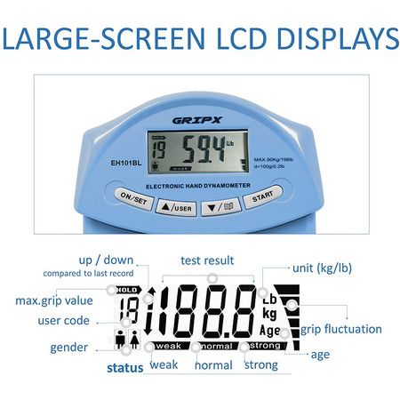 Digital Hand Dynamometer Grip Strength Measurement Meter 198Lbs / 90Kgs, Blue