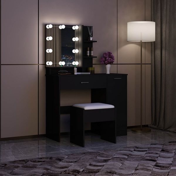 Black Dressing Table Dresser Makeup Vanity Table Stool Set with Mirror & LED Lights