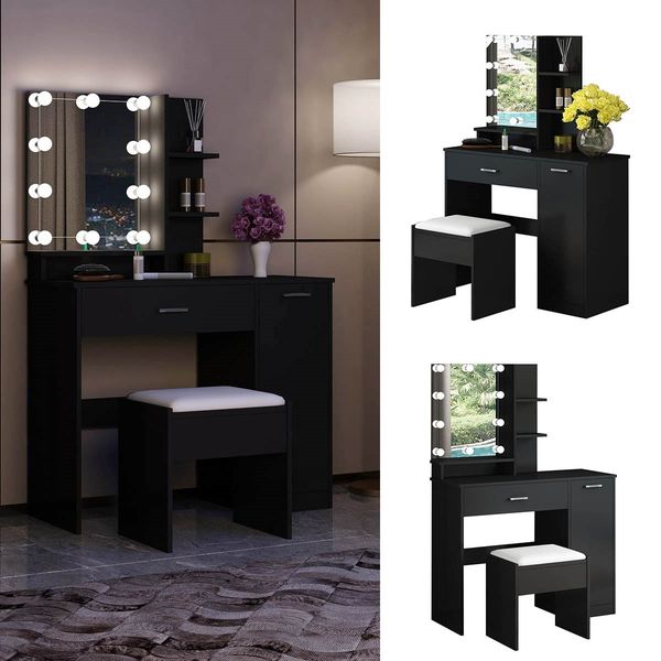 Black Dressing Table Dresser Makeup Vanity Table Stool Set with Mirror & LED Lights