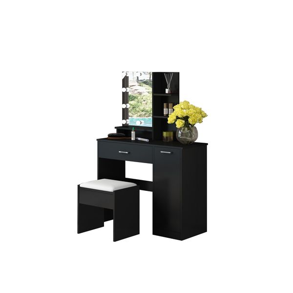 Black Dressing Table Dresser Makeup Vanity Table Stool Set with Mirror & LED Lights