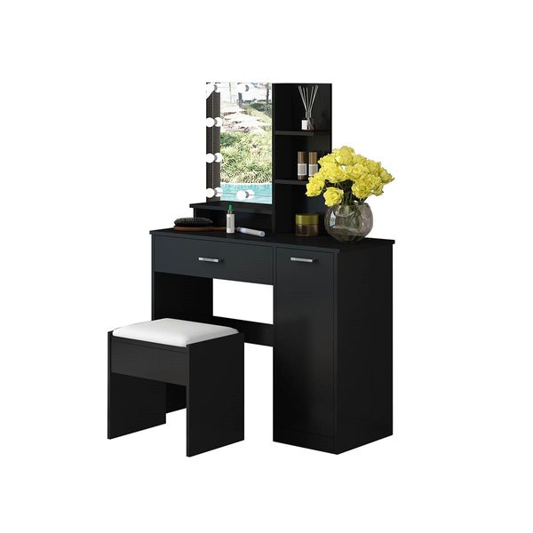 Black Dressing Table Dresser Makeup Vanity Table Stool Set with Mirror & LED Lights