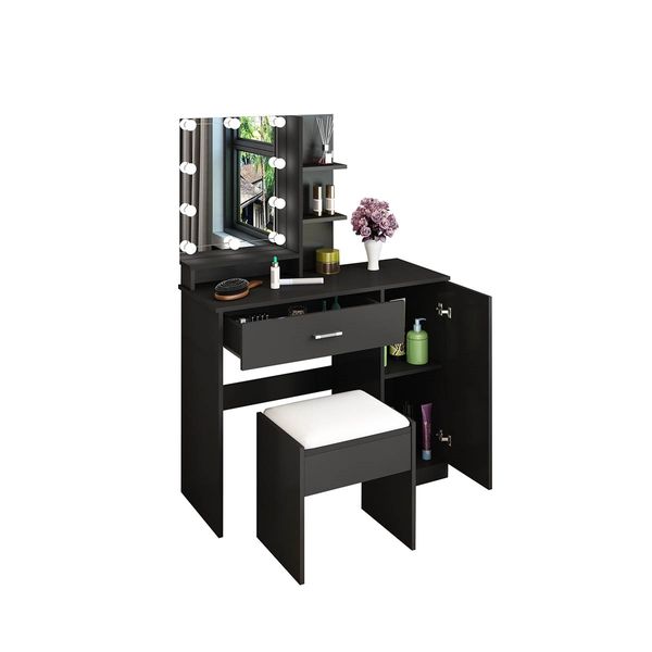 Black Dressing Table Dresser Makeup Vanity Table Stool Set with Mirror & LED Lights