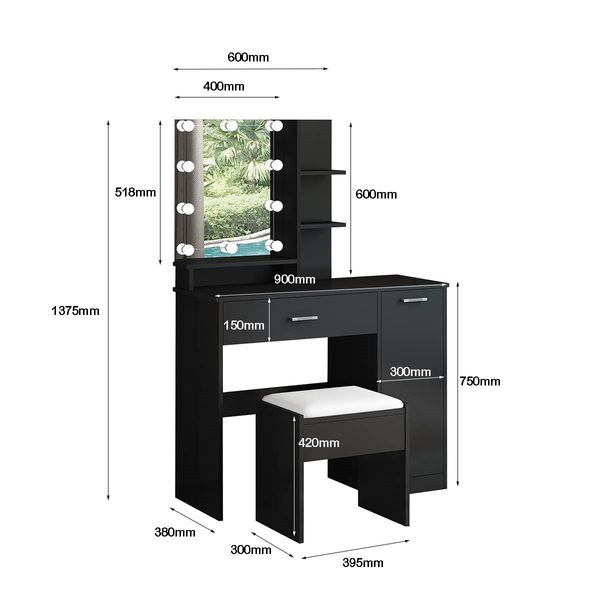 Black Dressing Table Dresser Makeup Vanity Table Stool Set with Mirror & LED Lights