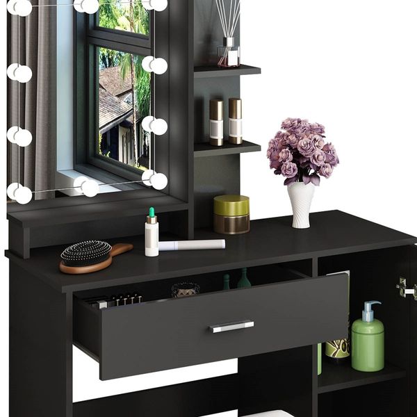 Black Dressing Table Dresser Makeup Vanity Table Stool Set with Mirror & LED Lights