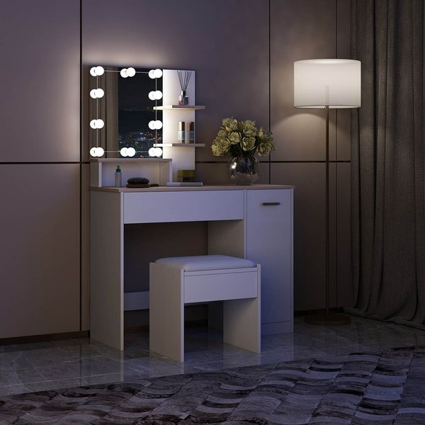 White Dressing Table Dresser Makeup Vanity Table Stool Set with Mirror & LED Lights