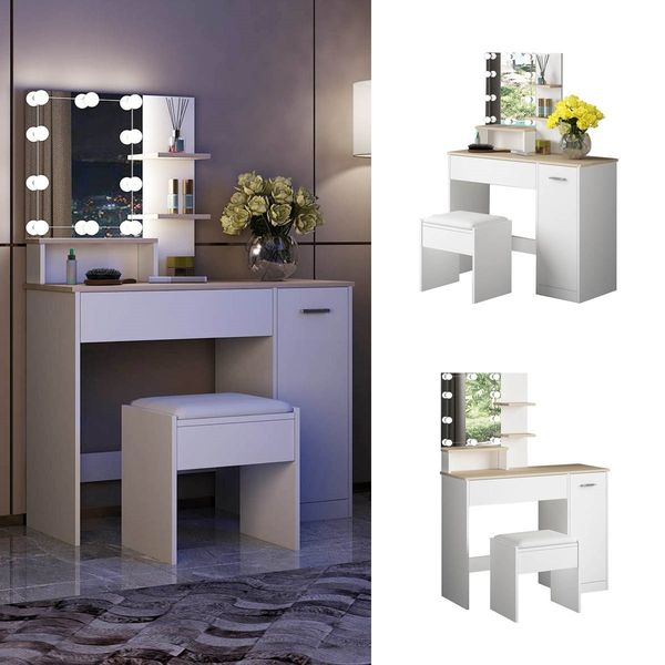 White Dressing Table Dresser Makeup Vanity Table Stool Set with Mirror & LED Lights