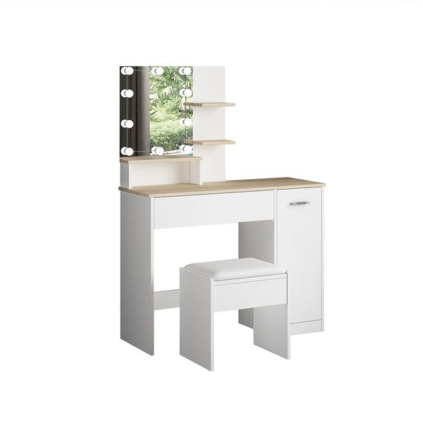 White Dressing Table Dresser Makeup Vanity Table Stool Set with Mirror & LED Lights