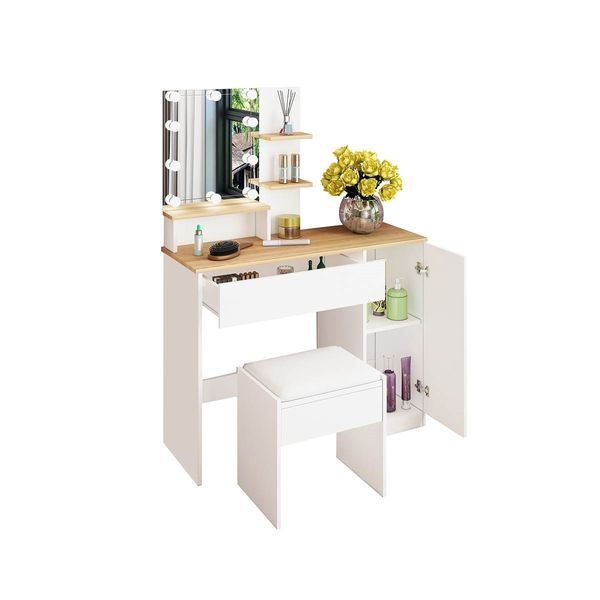 White Dressing Table Dresser Makeup Vanity Table Stool Set with Mirror & LED Lights