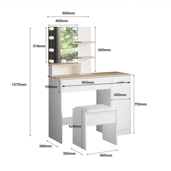 White Dressing Table Dresser Makeup Vanity Table Stool Set with Mirror & LED Lights