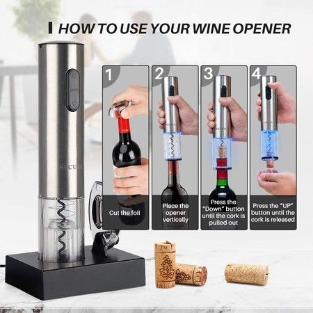 Electric Wine Opener, Automatic Electric Wine Bottle Corkscrew Opener with Foil Cutter (Stainless Steel)