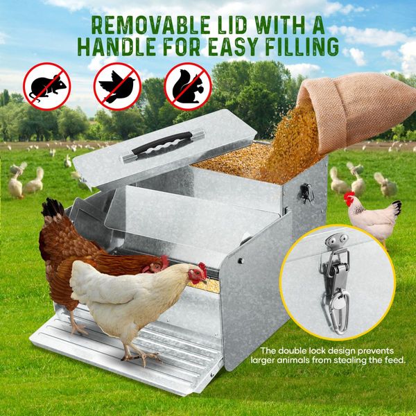 Auto Chicken Feeder Automatic Treadle Rat Proof Poultry Chook Hen Duck Coop Food Dispenser No Spill Galvanized Steel 11kg with Stopper