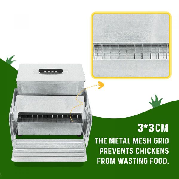 Auto Chicken Feeder Automatic Treadle Rat Proof Poultry Chook Hen Duck Coop Food Dispenser No Spill Galvanized Steel 11kg with Stopper